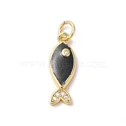 Rack Plating Brass Clear Cubic Zirconia Pendants, with Enamel and Jump Ring, Long-Lasting Plated, Cadmium Free & Lead Free, Fish, Real 18K Gold Plated, Black, 18x7x3mm, Hole: 3mm(KK-Z056-33G-01)