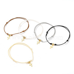 Adjustable Waxed Polyester Braided Cord Charm Bracelets, with Brass Beads and 304 Stainless Steel Charms, Cross, Golden, Mixed Color, Inner Diameter: 2~3-3/8 inch(5~8.5cm)(BJEW-JB05547)