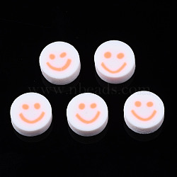 Handmade Polymer Clay Beads, for DIY Jewelry Crafts Supplies, Flat Round with Smiling Face, Light Salmon, 10x4~4.5mm, Hole: 1.8mm(CLAY-N008-040J)