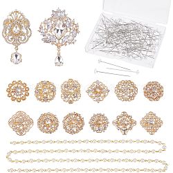 CHGCRAFT 14Pcs 14 Style Crystal Rhinestone Flower and Teardrop Badges, with 100Pcs Plastic Head Pins and 1 Strand Glass Pearl Beads Chains, Golden, 28.5~95x29.5~67x8~12mm, 1Pc/style(DIY-CA0004-83)