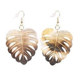 Natural Black Lip Shell Dangle Earrings, with Brass Earring Hooks and Plastic Ear Nuts, Tropical Theme, Monstera Leaf, Golden, 67mm(EJEW-JE04350)