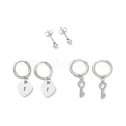 Non-Tarnish 3 Pairs 3 Style 304 Stainless Steel Ball Stud Earrings, Heart Key Dangle Hoop Earrings for Women, Stainless Steel Color, 26~28mm, Pin: 1mm, 1 Pair/style(EJEW-B020-04P)