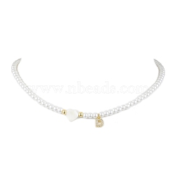 Brass Micro Pave Grade AAA Cubic Zirconia Letter Pendant Necklaces, Heart & Round Baking Painted Pearlized Glass Pearl Beaded Necklaces for Women, Letter D, 15.20 inch(38.6cm)(NJEW-JN04771-04)