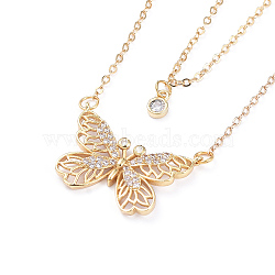 Double Layer Necklaces, with Brass Cable Chains, Brass Clear Cubic Zirconia Pendants, Lobster Claw Clasps and Box, Butterfly, Golden, 16.33 inch(41.5cm), 1.5mm(NJEW-JN02734-03)