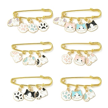 Cat & Paw Print Alloy Enamel Pendants Brooch Pin, Iron Safety Kilt Pin for Sweater Shawl, Mixed Color, 33.5~34mm, 6 styles, 1pc/style, 6pcs/set