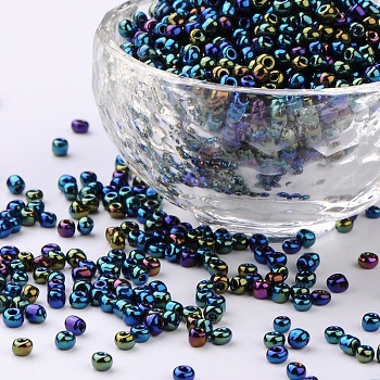 8/0 Glass Seed Beads, Iris Round, Green, about 3mm in diameter, hole: 0.8mm, about 1111pcs/50g