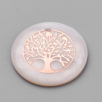 Freshwater Shell Pendants, with Iron Findings, Flat Round with Tree of Life, Rose Gold, Seashell Color, 18x3~4mm, Hole: 1mm