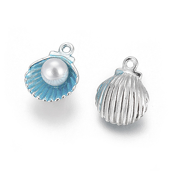 Alloy Enamel Pendants, with Acrylic Pearl Beads, Shell, Platinum, Deep Sky Blue, 15x11.5x7mm, Hole: 1.4mm