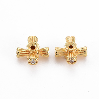 Brass Clear Cubic Zirconia Beads, Nickel Free, Cross, Real 18K Gold Plated, 9x9x4mm, Hole: 1mm