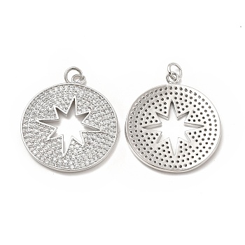 Brass Micro Pave Cubic Zirconia Pendants, with Jump Ring, Flat Round with Star Charm, Platinum, 27x25x2mm, Hole: 2.5mm