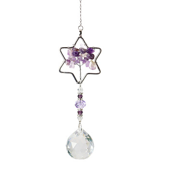 K9 Crystal Glass Big Pendant Decorations, Hanging Sun Catchers, with Amethyst Chip Beads, Star with Tree of Life, Indigo, 37cm
