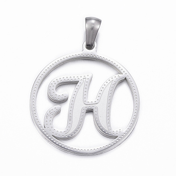 304 Stainless Steel Pendants, Flat Round with Letter.H, Stainless Steel Color, 28x25x1.2mm, Hole: 6x3mm