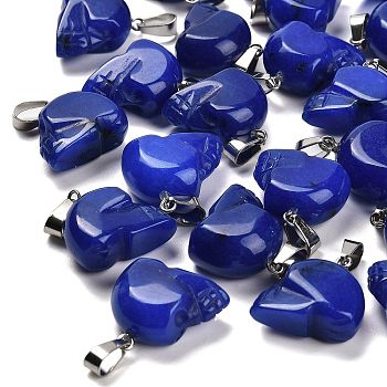 Dyed Natural White Jade Pendants, with Stainless Steel Color Plated 201 Stainless Steel Snap on Bails, Skull, Blue, 18~18.5x9.5~10x20~21mm, Hole: 7.5x4.5mm