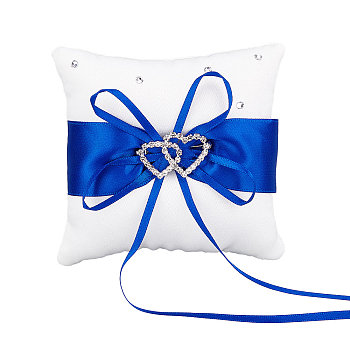 Tribute Silk Wedding Ring Pillow with Polyester Ribbon and Alloy Heart, Square, Medium Blue, 100x100x39mm