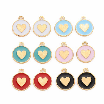 Alloy Enamel Pendants, Cadmium Free & Lead Free, Light Gold, Flat Round with Heart, Mixed Color, 16x13x2mm, Hole: 1.6mm