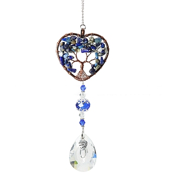 Big Pendant Decorations, Hanging Sun Catchers, with Lapis Lazuli Beads and K9 Crystal Glass, Heart with Tree of Life, 355mm
