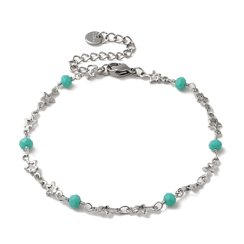 Brass Star Link Chain Bracelets, with Glass Beads, Platinum, 9-7/8 inch(25.1cm)
