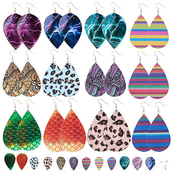 DIY Earring Findings, with Brass Earring Hooks, Iron Open Jump Rings and PU Leather Big Pendants, Mixed Color, 56.5~70x36~59x1~2mm, Hole: 1.5mm