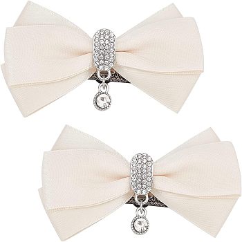 2Pcs Detachable Polyester Bowknot Shoe Decoration, with Alloy Buckle Clip, Crystal Glass Rhinestone, PapayaWhip, 90x50mm