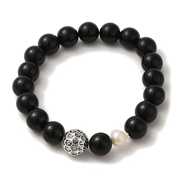 Natural Pearl & Obsidian & Brass Round Stretch Bracelets, Inner Diameter: 2-1/4 inch(5.85cm)