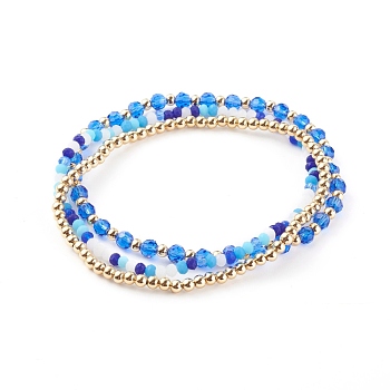 Glass & Brass Stretch Beaded Bracelets Sets, Stackable Bracelets, Round & Rondelle, Golden, Dodger Blue, Inner Diameter: 2 inch(5cm), 2 inch(5.2cm), 2-1/8 inch(5.4cm), 3pcs/set