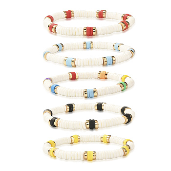 Disc Beads Stretch Bracelet for Teen Girl Women, Handmade Polymer Clay & Natural White Shell & Non-magnetic Synthetic Hematite Beads Bracelet, Mixed Color, Inner Diameter: 2-1/4 inch(5.8cm)