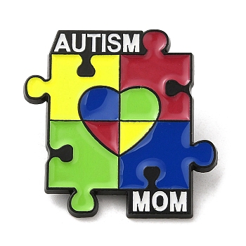 Autism Mom Puzzle Enamel Pins, Black Alloy Brooch for Clothes Backpack Women, Colorful, 28.5x28x1.5mm