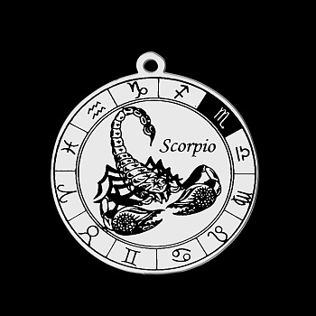 201 Stainless Steel Pendants, Laser Engraved Pattern, Flat Round with Constellation, Scorpio, 33x30x1mm, Hole: 2mm