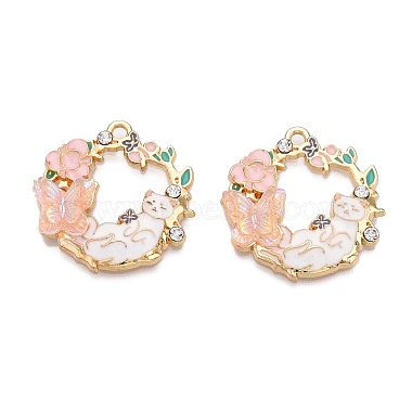 Light Gold Pink Cat Shape Alloy Rhinestone+Enamel Pendants