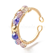 Electroplate Faceted Glass Beads Cuff Ring for Teen Girl Women, Copper Wire Wrap Open Ring, Golden, Indigo, US Size 7 1/4~8 1/2(17.5~18.5mm)(X1-RJEW-TA00013-04)