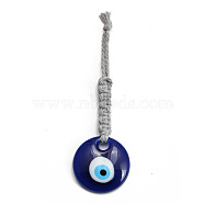 Flat Round with Evil Eye Resin Pendant Decorations, Cotton Cord Braided Hanging Ornament, Prussian Blue, 125mm(EVIL-PW0002-12E-02)