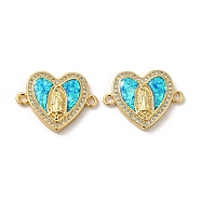 Rack Plating Brass Micro Pave Clear Cubic Zirconia Connector Charms, Heart Links with Synthetic Opal, Lead Free & Cadmium Free, Long-Lasting Plated, Real 18K Gold Plated, 18x23.5x3.4mm, Hole: 1.8mm(KK-D088-41G)