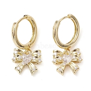Bowknot Brass Dangle Hoop Earrings, with Clear Cubic Zirconia, Long-Lasting Plated, Lead Free & Cadmium Free, Real 18K Gold Plated, 24.5x12mm(EJEW-M245-08G)
