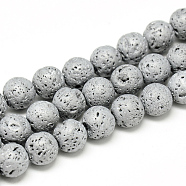 Electroplate Natural Lava Rock Beads Strands, Matte Style, Round, Platinum Plated, 6~7mm, Hole: 1mm, about 60pcs/strand, 14.7~15.1 inch(G-T058-03I-6MM)