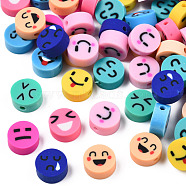 Handmade Polymer Clay Beads, Flat Round with Expression, Mixed Color, 9~10x4~5mm, Hole: 1.6mm(X1-CLAY-N008-065-A)