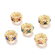 Brass Micro Pave Cubic Zirconia Beads, Rondelle, Real 18K Gold Plated, Mixed Color, 8.5x4.5mm, Hole: 3.5mm(KK-P187-28-G)