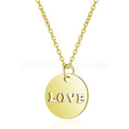201 Stainless Steel Pendants Necklaces, with Cable Chains, Flat Round with Word LOVE, Golden, 16.3 inch(40cm), 1mm(NJEW-S069-TN052-2)