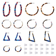 Pet 8Pair 7 Style Cellulose Acetate Half Hoop Earrings, Large C-shape & Triangle & Trapezoid & Oval Stud Earrings for Women, with 20Pcs Plastic Ear Nut, Mixed Color, 28~64.5x2.5~3mm, Pin: 0.7mm(DIY-MP0001-14)