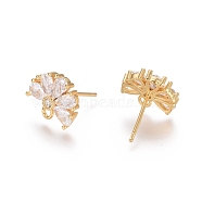 Brass Cubic Zirconia Stud Earring Findings, with Loop, Flower, Clear, Golden, 15mm, Pin: 0.7mm(X-EJEW-E257-05G)