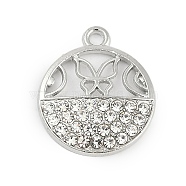 Alloy Micro Pave Rhinestone Pendants, Flat Round, Hollow Butterfly, Platinum, 20x17x3mm, Hole: 1.8mm(FIND-K020-18P)