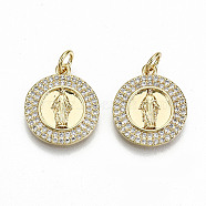 Brass Micro Pave Clear Cubic Zirconia Pendants, with Jump Rings, Nickel Free, Flat Round with Goddess, Real 16K Gold Plated, 17.5x15x2mm, jump ring: 5x0.8mm, 3.4mm inner diameter(ZIRC-S067-129-NF)