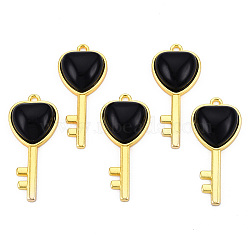 Natural Black Obsidian Pendants, with Light Gold Plated Brass Findings, Key with Heart Charm, 38x17x6.5~7mm, Hole: 1.8mm(G-N326-158-01)