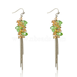 Fashion Glass Cluster Tassel Earrings, with Iron Chains and Brass Earring Hooks, Light Green, 95x20mm(X-EJEW-PJE043-1)