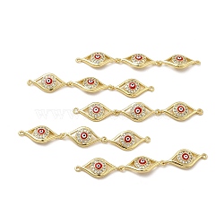 Brass Micro Pave Clear Cubic Zirconia Connector Charms, with Enamel, 3 Evil Eye Links, Real 18K Gold Plated, Red, 63x10x3.8mm, Hole: 1.4mm(KK-E068-VB396-2)