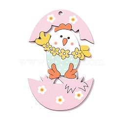 Easter Theme Wood Big Pendants, Egg with Rabbit Charm, Pink, 90x57x2mm, Hole: 3.2mm(WOOD-I007-02A)