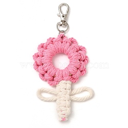 Flowers Woven Cotton Thread Pendant Decorations, Wood Beads and Alloy Swivel Clasps Charms for Bag Ornaments, Hot Pink, 123mm(HJEW-JM02452-04)