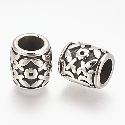 304 Stainless Steel Beads, Large Hole Beads, Column with Flower, Antique Silver, 11x10mm, Hole: 6mm(STAS-E432-08AS)