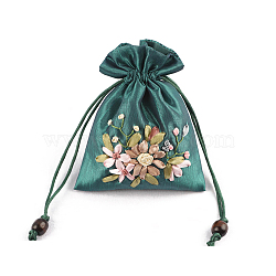 Flower Pattern Satin Jewelry Packing Pouches, Drawstring Gift Bags, Rectangle, Teal, 14x10.5cm(PW-WG90050-03)