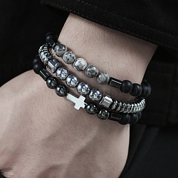 3Pcs 3 Style Synthetic Non-magnetic Hematite & Map Stone Beaded Stretch Bracelets Set, Cross Stackable Bracelets, Black, 7-1/8~7-1/2 inch(18~19cm), 1Pc/style(WG17390-01)