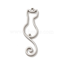 Non-Tarnish 304 Stainless Steel Pendants, Laser Cut, Hollow Cat Charm, Stainless Steel Color, 33x10x1mm, Hole: 1.2mm(STAS-O005-09P)